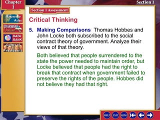 5. Making Comparisons Thomas Hobbes and
John Locke both subscribed to the social
contract theory of government. Analyze their
views of that theory.
Critical Thinking
Both believed that people surrendered to the
state the power needed to maintain order, but
Locke believed that people had the right to
break that contract when government failed to
preserve the rights of the people. Hobbes did
not believe they had that right.
 