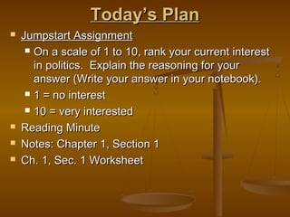 Today’s PlanToday’s Plan
 Jumpstart AssignmentJumpstart Assignment
 On a scale of 1 to 10, rank your current interestOn a scale of 1 to 10, rank your current interest
in politics. Explain the reasoning for yourin politics. Explain the reasoning for your
answer (Write your answer in your notebook).answer (Write your answer in your notebook).
 1 = no interest1 = no interest
 10 = very interested10 = very interested
 Reading MinuteReading Minute
 Notes: Chapter 1, Section 1Notes: Chapter 1, Section 1
 Ch. 1, Sec. 1 WorksheetCh. 1, Sec. 1 Worksheet
 