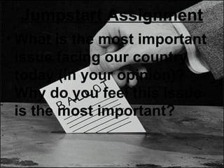 Jumpstart Assignment
• What is the most important
issue facing our country
today (in your opinion)?
Why do you feel this issue
is the most important?
 
