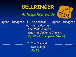 BELLRINGER
            Anticipation Guide
Agree Disagree 1. The central    Agree Disagree
____    ____ authority during ____ ____
                the Middle Ages
                was the Catholic Church.
                Pg.32 (A European Story)

 ____    ____   2. The Caravel    ____ ____
                   was a ship.
                   Pg.36
 