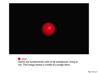 Fig. 1.3.1, p. 4 atom   Atoms are fundamental units of all substances, living or not. This image shows a model of a single atom. 1 
