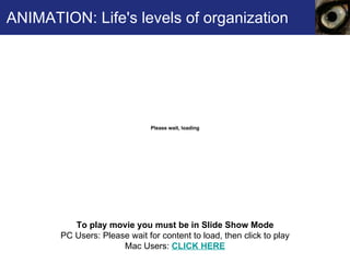 ANIMATION: Life's levels of organization To play movie you must be in Slide Show Mode PC Users: Please wait for content to load, then click to play Mac Users:  CLICK HERE 