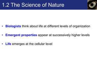 1.2 The Science of Nature Biologists  think about life at different levels of organization Emergent properties  appear at successively higher levels Life   emerges at the cellular level  