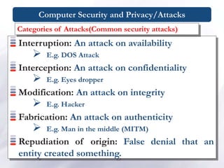 Computer Security and Privacy/Attacks
Interruption: An attack on availability
 E.g. DOS Attack
Interception: An attack on confidentiality
 E.g. Eyes dropper
Modification: An attack on integrity
 E.g. Hacker
Fabrication: An attack on authenticity
 E.g. Man in the middle (MITM)
Repudiation of origin: False denial that an
entity created something.
Categories of Attacks(Common security attacks)
 