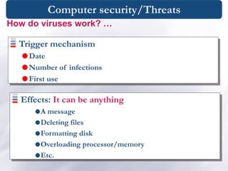 Computer security/Threats
Trigger mechanism
Date
Number of infections
First use
How do viruses work? …
Effects: It can be anything
A message
Deleting files
Formatting disk
Overloading processor/memory
Etc.
 