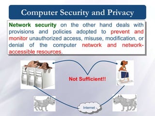 Computer Security and Privacy
Network security on the other hand deals with
provisions and policies adopted to prevent and
monitor unauthorized access, misuse, modification, or
denial of the computer network and network-
accessible resources.
Internet
Not Sufficient!!
 