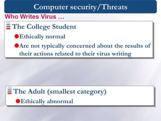Computer security/Threats
The College Student
Ethically normal
Are not typically concerned about the results of
their actions related to their virus writing
Who Writes Virus …
The Adult (smallest category)
Ethically abnormal
 