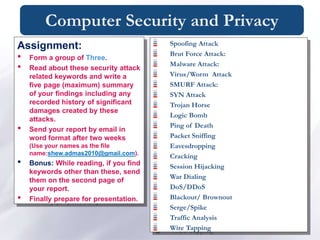 Spoofing Attack
Brut Force Attack:
Malware Attack:
Virus/Worm Attack
SMURF Attack:
SYN Attack
Trojan Horse
Logic Bomb
Ping of Death
Packet Sniffing
Eavesdropping
Cracking
Session Hijacking
War Dialing
DoS/DDoS
Blackout/ Brownout
Serge/Spike
Traffic Analysis
Wire Tapping
Assignment:
• Form a group of Three.
• Read about these security attack
related keywords and write a
five page (maximum) summary
of your findings including any
recorded history of significant
damages created by these
attacks.
• Send your report by email in
word format after two weeks
(Use your names as the file
name:shew.admas2010@gmail.com).
• Bonus: While reading, if you find
keywords other than these, send
them on the second page of
your report.
• Finally prepare for presentation.
Computer Security and Privacy
 