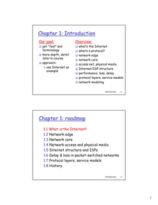 Chapter 1: Introduction
Our goal:              Overview:
  get “feel” and        what’s the Internet
  terminology           what’s a protocol?
  more depth, detail    network edge
  later in course       network core
  approach:             access net, physical media
     use Internet as    Internet/ISP structure
     example
                        performance: loss, delay
                        protocol layers, service models
                        network modeling

                                          Introduction   1-1




Chapter 1: roadmap
  1.1 What is the Internet?
  1.2 Network edge
  1.3 Network core
  1.4 Network access and physical media
  1.5 Internet structure and ISPs
  1.6 Delay & loss in packet-switched networks
  1.7 Protocol layers, service models
  1.8 History

                                          Introduction   1-2




                                                               1
 