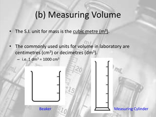 (b) Measuring VolumeThe S.I. unit for mass is the cubic metre (m3).The commonly used units for volume in laboratory are centimetres (cm3) or decimetres (dm3).i.e. 1 dm3 = 1000 cm3BeakerMeasuring Cylinder
