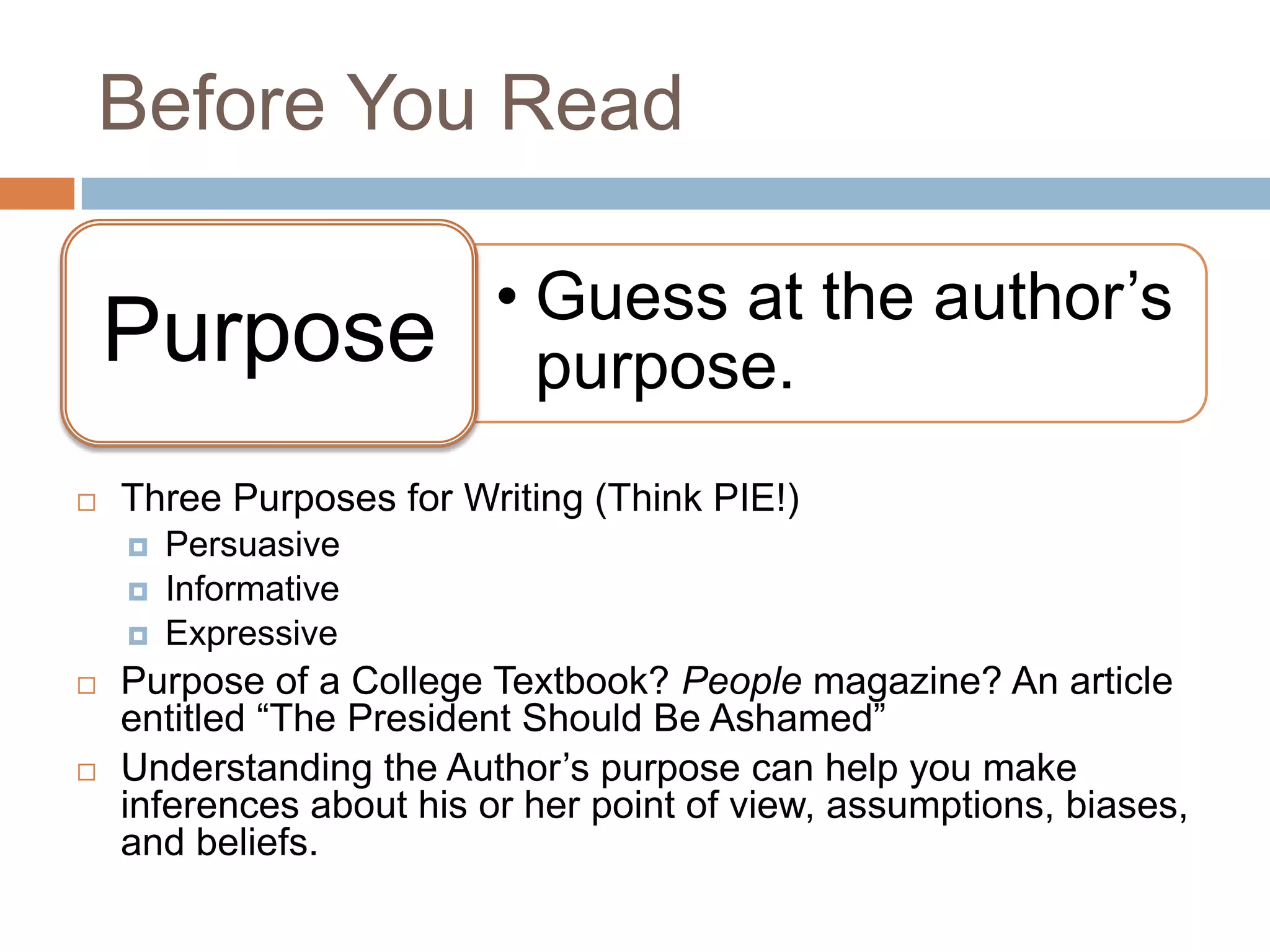 Before You Read

Purpose


Three Purposes for Writing (Think PIE!)








• Guess at the author’s
purpose.

Persuasive
Informative
Expressive

Purpose of a College Textbook? People magazine? An article
entitled “The President Should Be Ashamed”
Understanding the Author’s purpose can help you make
inferences about his or her point of view, assumptions, biases,
and beliefs.

 