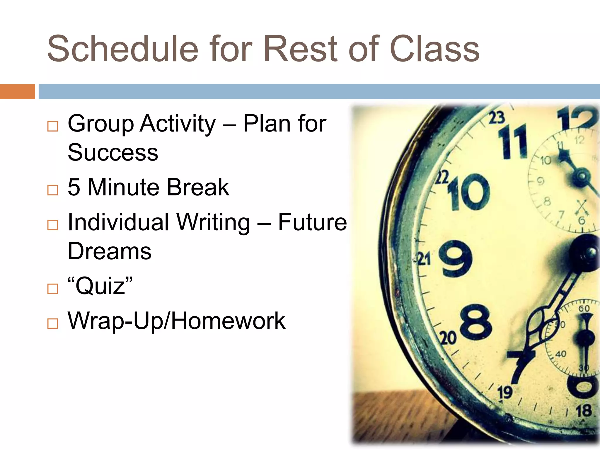 Schedule for Rest of Class








Group Activity – Plan for
Success
5 Minute Break
Individual Writing – Future
Dreams
“Quiz”
Wrap-Up/Homework

 