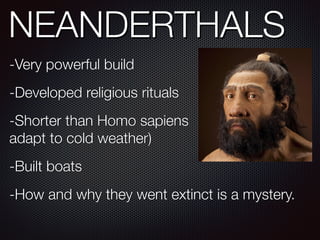 NEANDERTHALS
-Very powerful build
-Developed religious rituals
-Shorter than Homo sapiens (to
adapt to cold weather)
-Built boats
-How and why they went extinct is a mystery.
 