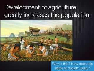 Development of agriculture
greatly increases the population.
Why is this? How does this
relate to society today?
 