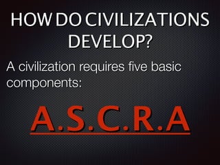HOWDOCIVILIZATIONS
DEVELOP?
A civilization requires five basic
components:
A.S.C.R.A
 