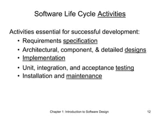 Chapter 1: Introduction to Software Design 12
Software Life Cycle Activities
Activities essential for successful development:
• Requirements specification
• Architectural, component, & detailed designs
• Implementation
• Unit, integration, and acceptance testing
• Installation and maintenance
 