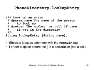 Chapter 1: Introduction to Software Design 32
PhoneDirectory.lookupEntry
/** Look up an entry.
* @param name The name of the person
* to look up
* @return The number, or null if name
* is not in the directory
*/
String lookupEntry (String name);
• Shows a javadoc comment with the @return tag
• I prefer a space before the ( in a declaration (not a call)
 
