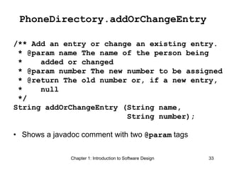 Chapter 1: Introduction to Software Design 33
PhoneDirectory.addOrChangeEntry
/** Add an entry or change an existing entry.
* @param name The name of the person being
* added or changed
* @param number The new number to be assigned
* @return The old number or, if a new entry,
* null
*/
String addOrChangeEntry (String name,
String number);
• Shows a javadoc comment with two @param tags
 