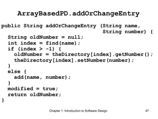 Chapter 1: Introduction to Software Design 47
ArrayBasedPD.addOrChangeEntry
public String addOrChangeEntry (String name,
String number) {
String oldNumber = null;
int index = find(name);
if (index > -1) {
oldNumber = theDirectory[index].getNumber();
theDirectory[index].setNumber(number);
}
else {
add(name, number);
}
modified = true;
return oldNumber;
}
 