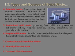 25
4. Industrial wastes: from various types of
industrial processes. The nature of the
waste depends on the type of industry and
kind of raw material involved. There may
be toxic and hazardous wastes that have
adverse effects to the environment.
5. Institutional solid waste: generating from public and government
institutions: offices, religious institutes, schools, universities, etc.
generally not hazardous.
6. Hospital solid wastes: discarded, unwanted solid wastes from hospitals.
It consists of both non-hazardous and hazardous waste.
7. Construction and Demolition Wastes
8. Municipal Services waste
9. Treatment Plant Sites waste
 
