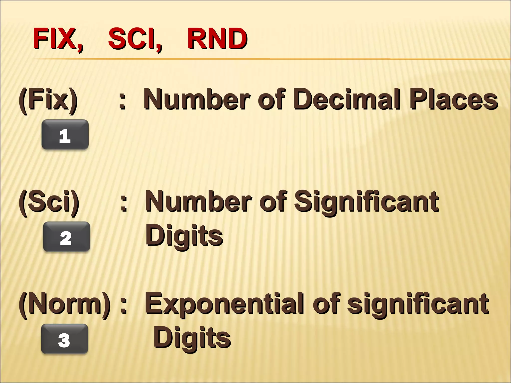 FIX, SCI, RND
(Fix)

: Number of Decimal Places

1

(Sci)
2

: Number of Significant
Digits

(Norm) : Exponential of significant
Digits
3

 