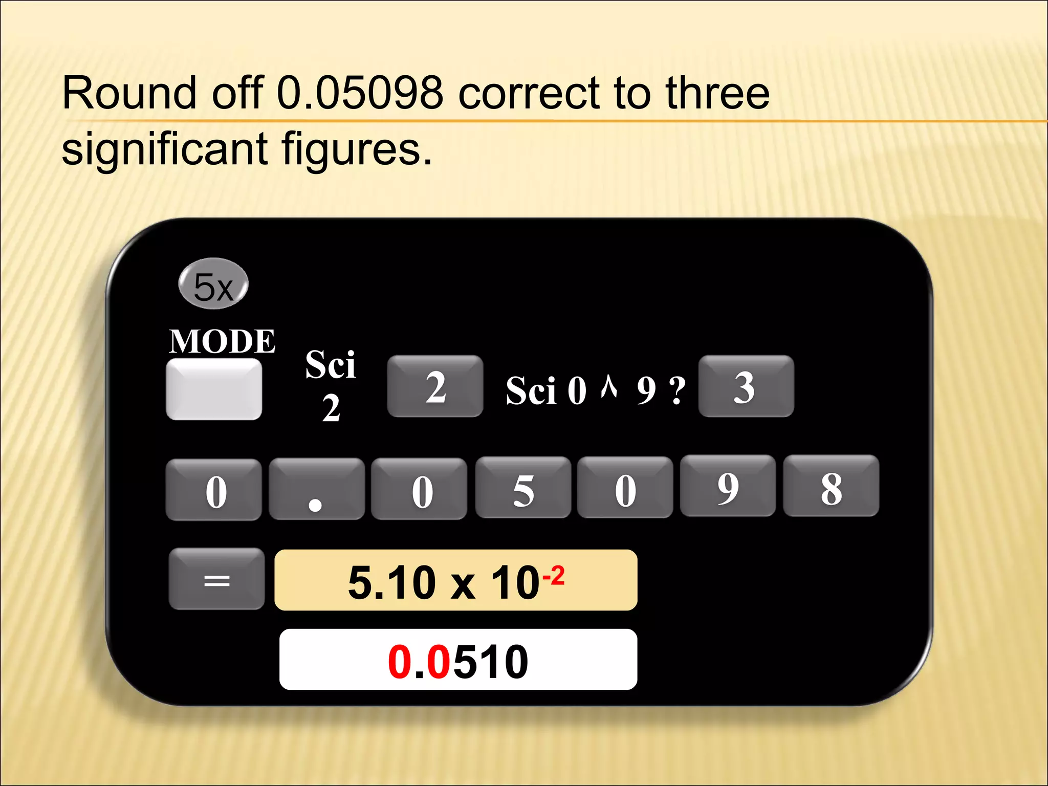 Round off 0.05098 correct to three
significant figures.
5x
MODE

0
=

Sci
2

.

2
0

Sci 0 ٨ 9 ?

5

5.10 x 10-2
5.10 x 10-2
0.0510
0.0510

0

3
9

8

 