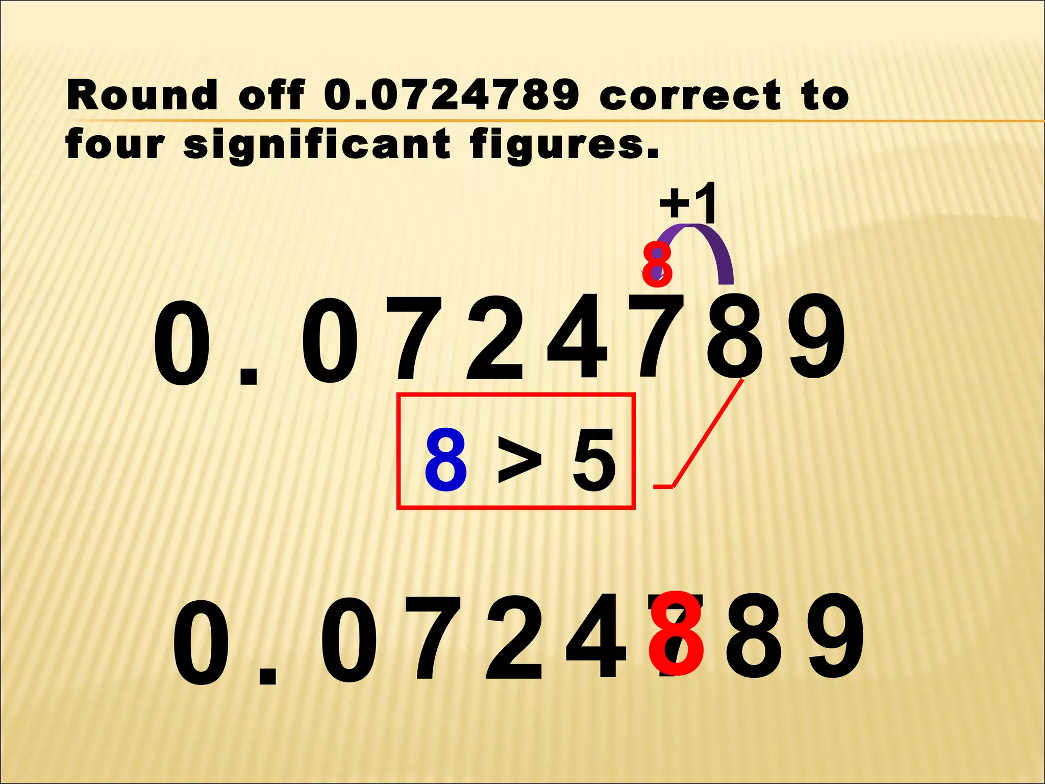 Round off 0.0724789 correct to
four significant figures.

+1

8

0. 0 724789
8>5

8
0. 0 724789

 