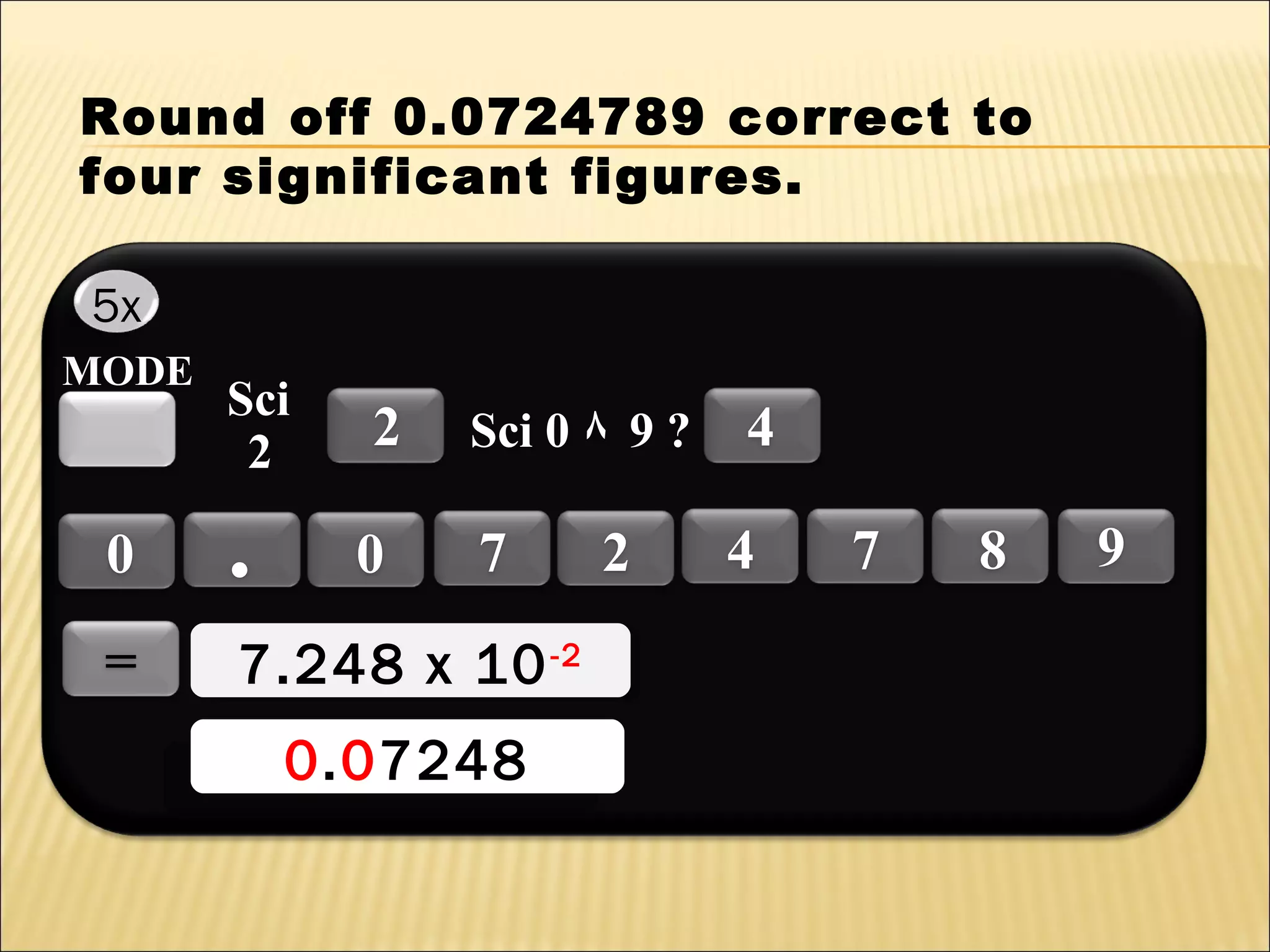 Round off 0.0724789 correct to
four significant figures.
5x
MODE

Sci
2

2

Sci 0 ٨ 9 ?

0

.

=

7.248 x 10 -2
7.248 x 10 -2

0

7

0.07248
0.07248

2

4
4

7

8

9

 