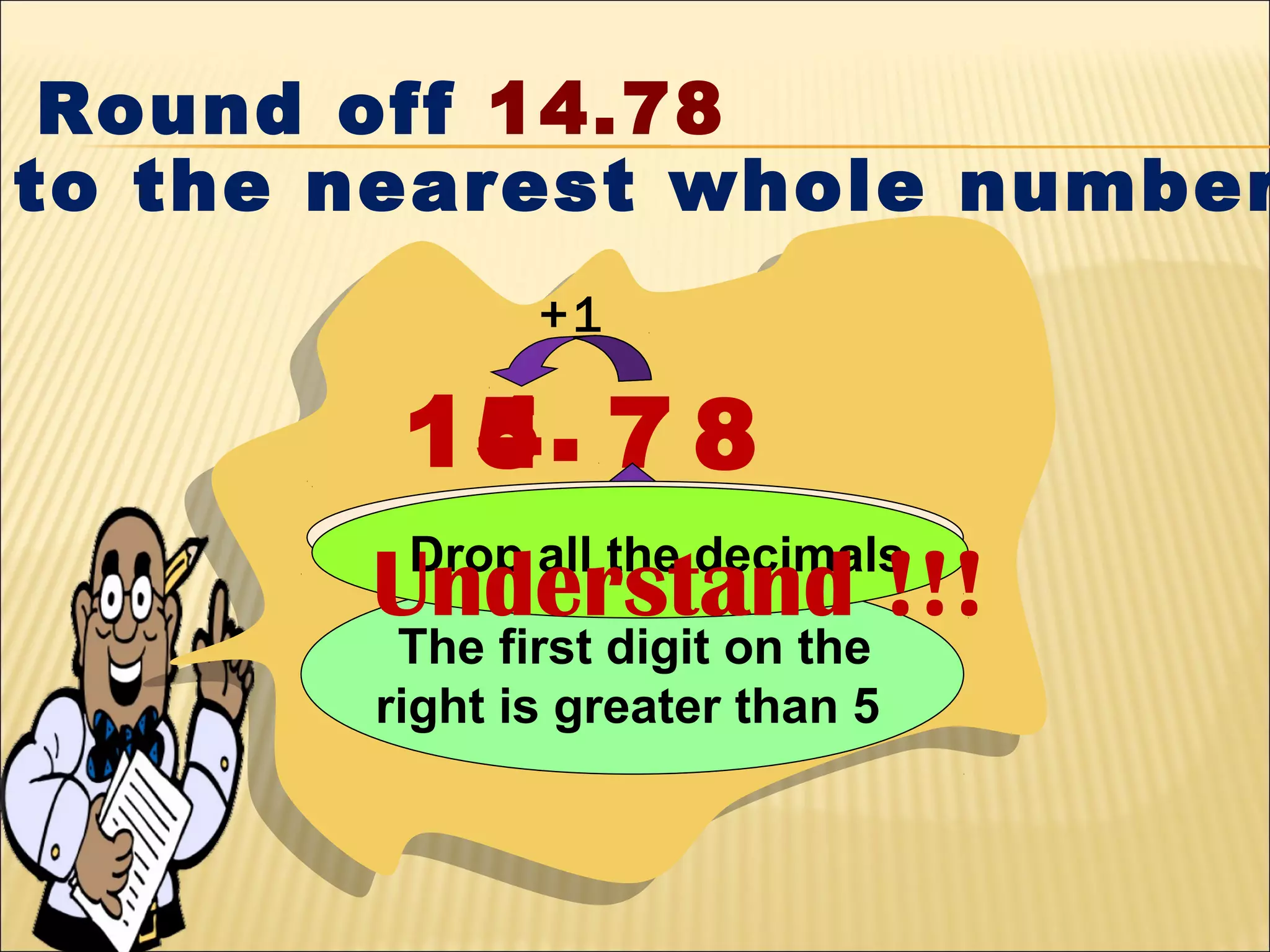Round off 14.78
to the nearest whole number
+1

15. 7 8
4
Add I the decimals
Drop all to digit 4

Understand !!!
The first digit on the
right is greater than 5

 