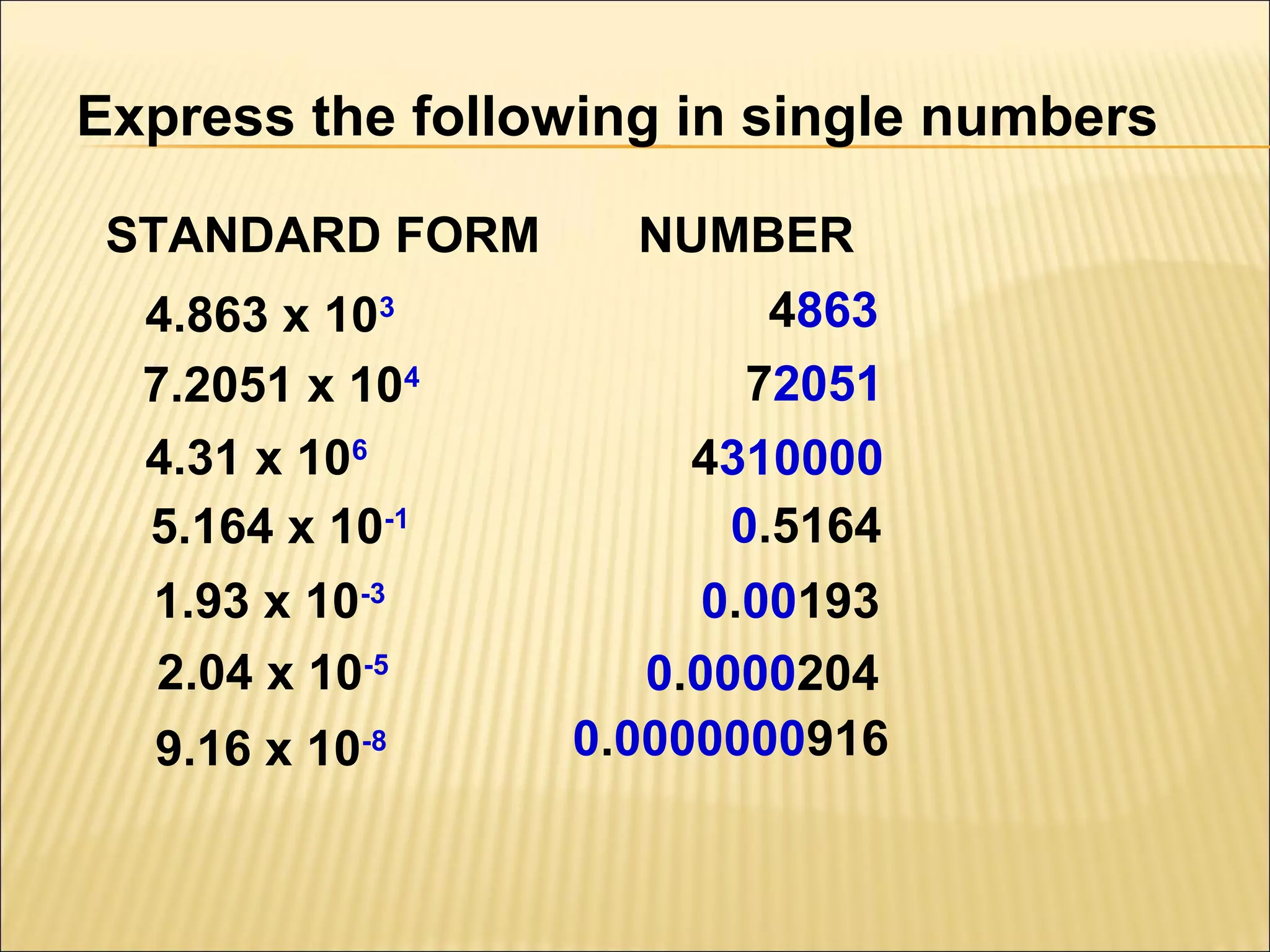 Express the following in single numbers
STANDARD FORM
4.863 x 103
7.2051 x 104
4.31 x 106
5.164 x 10-1
1.93 x 10-3
2.04 x 10-5
9.16 x 10-8

NUMBER
4863
72051
4310000
0.5164
0.00193
0.0000204
0.0000000916

 