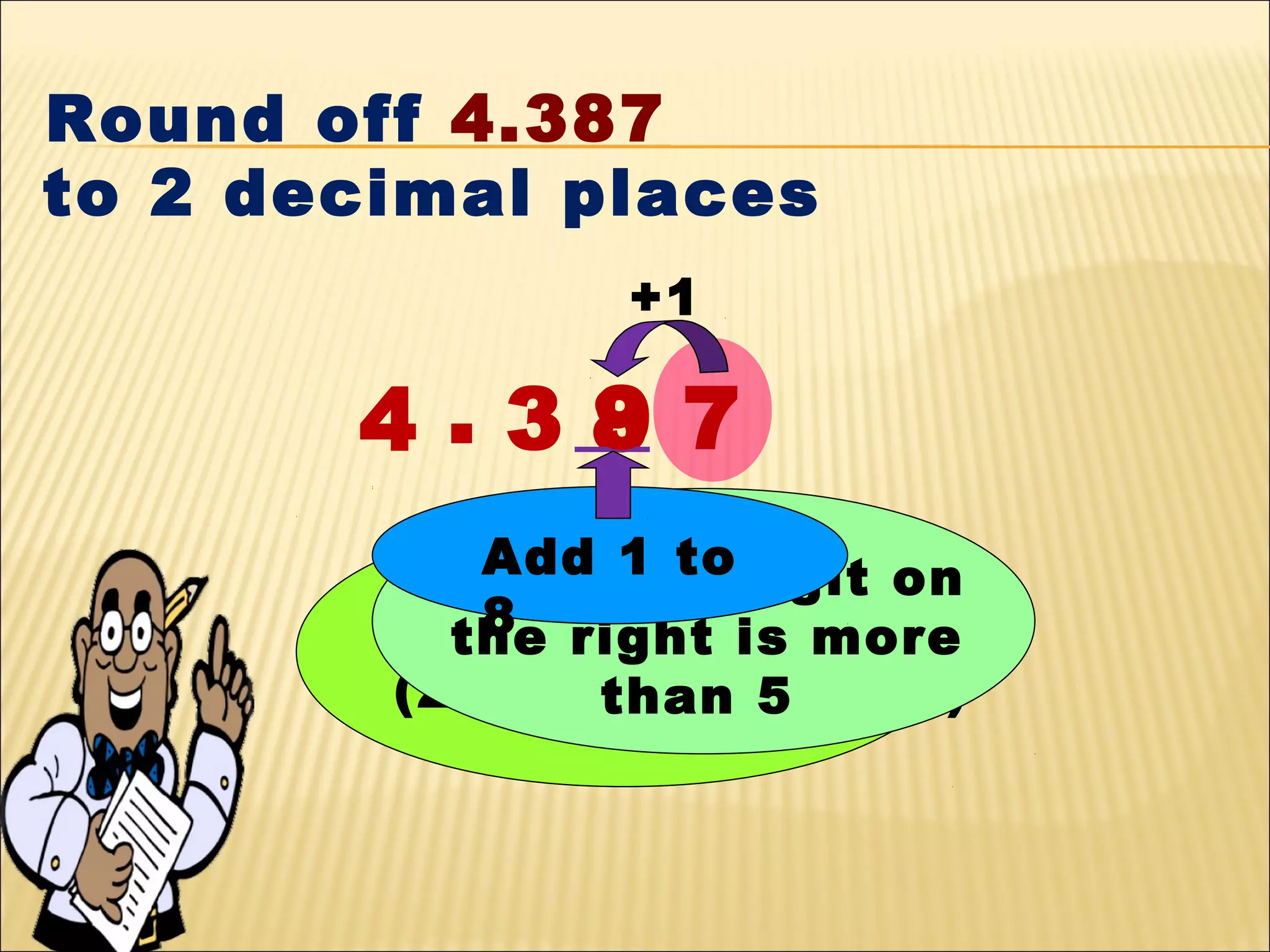 Round off 4.387
to 2 decimal places
+1

9
4.38 7
Add 1 todigit on
The first digit 8
Underline
8
the right is more
(2 nd decimal 5
than place)

 