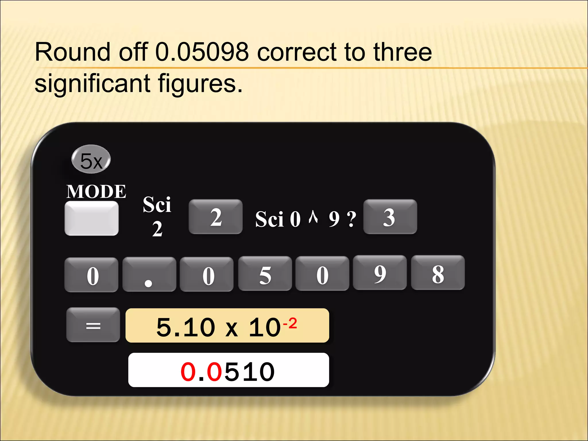 Round off 0.05098 correct to three
significant figures.
5x
MODE

0
=

Sci
2

.

2
0

Sci 0 ٨ 9 ?

5

5.10 x 10 -2
5.10 x 10 -2
0.0510
0.0510

0

3
9

8

 