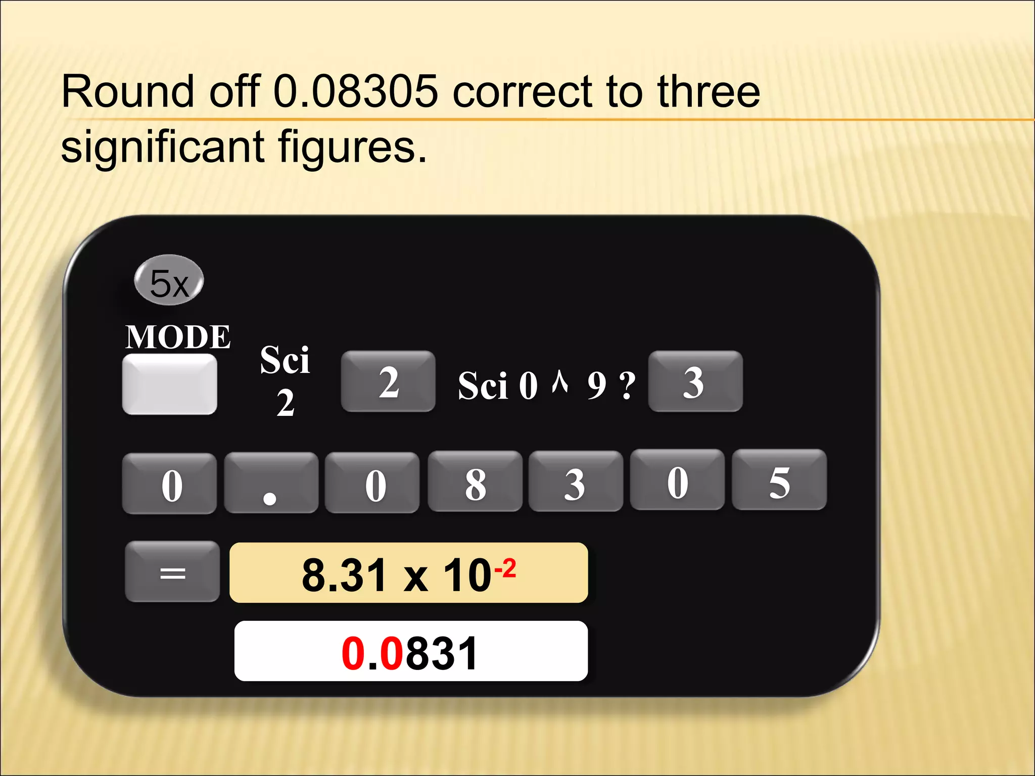 Round off 0.08305 correct to three
significant figures.
5x
MODE

0
=

Sci
2

.

2
0

Sci 0 ٨ 9 ?

8

8.31 x 10-2
8.31 x 10-2
0.0831
0.0831

3

3
0

5

 