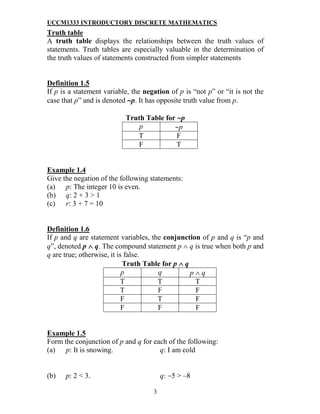 UCCM1333 INTRODUCTORY DISCRETE MATHEMATICS
Truth table
A truth table displays the relationships between the truth values of
statements. Truth tables are especially valuable in the determination of
the truth values of statements constructed from simpler statements


Definition 1.5
If p is a statement variable, the negation of p is “not p” or “it is not the
case that p” and is denoted ∼p. It has opposite truth value from p.

                           Truth Table for ∼p
                               p          ∼p
                              T            F
                              F            T


Example 1.4
Give the negation of the following statements:
(a) p: The integer 10 is even.
(b) q: 2 + 3 > 1
(c) r: 3 + 7 = 10


Definition 1.6
If p and q are statement variables, the conjunction of p and q is “p and
q”, denoted p ∧ q. The compound statement p ∧ q is true when both p and
q are true; otherwise, it is false.
                            Truth Table for p ∧ q
                            p         q           p∧q
                            T         T            T
                            T         F            F
                            F         T            F
                            F         F            F


Example 1.5
Form the conjunction of p and q for each of the following:
(a) p: It is snowing.                 q: I am cold


(b)   p: 2 < 3.                          q: −5 > –8

                                     3
 