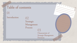01
02
03
Table of contents
Introduction
Strategic
Management
Process
Characteristic of
Strategic Management
Decisions
 