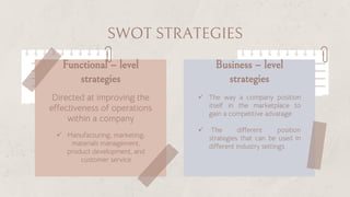 Functional – level
strategies
Directed at improving the
effectiveness of operations
within a company
 The way a company position
itself in the marketplace to
gain a competitive advatage
 The different position
strategies that can be used in
different industry settings
 Manufacturing, marketing,
materials management,
product development, and
customer service
Business – level
strategies
SWOT STRATEGIES
 