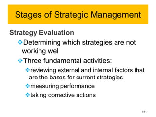 Strategy Evaluation
❖Determining which strategies are not
working well
❖Three fundamental activities:
❖reviewing external and internal factors that
are the bases for current strategies
❖measuring performance
❖taking corrective actions
1-11
Stages of Strategic Management
 