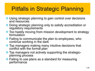 ❖ Using strategic planning to gain control over decisions
and resources
❖ Doing strategic planning only to satisfy accreditation or
regulatory requirements
❖ Too hastily moving from mission development to strategy
formulation
❖ Failing to communicate the plan to employees, who
continue working in the dark
❖ Top managers making many intuitive decisions that
conflict with the formal plan
❖ Top managers not actively supporting the strategic-
planning process
❖ Failing to use plans as a standard for measuring
performance
1-26
Pitfalls in Strategic Planning
 