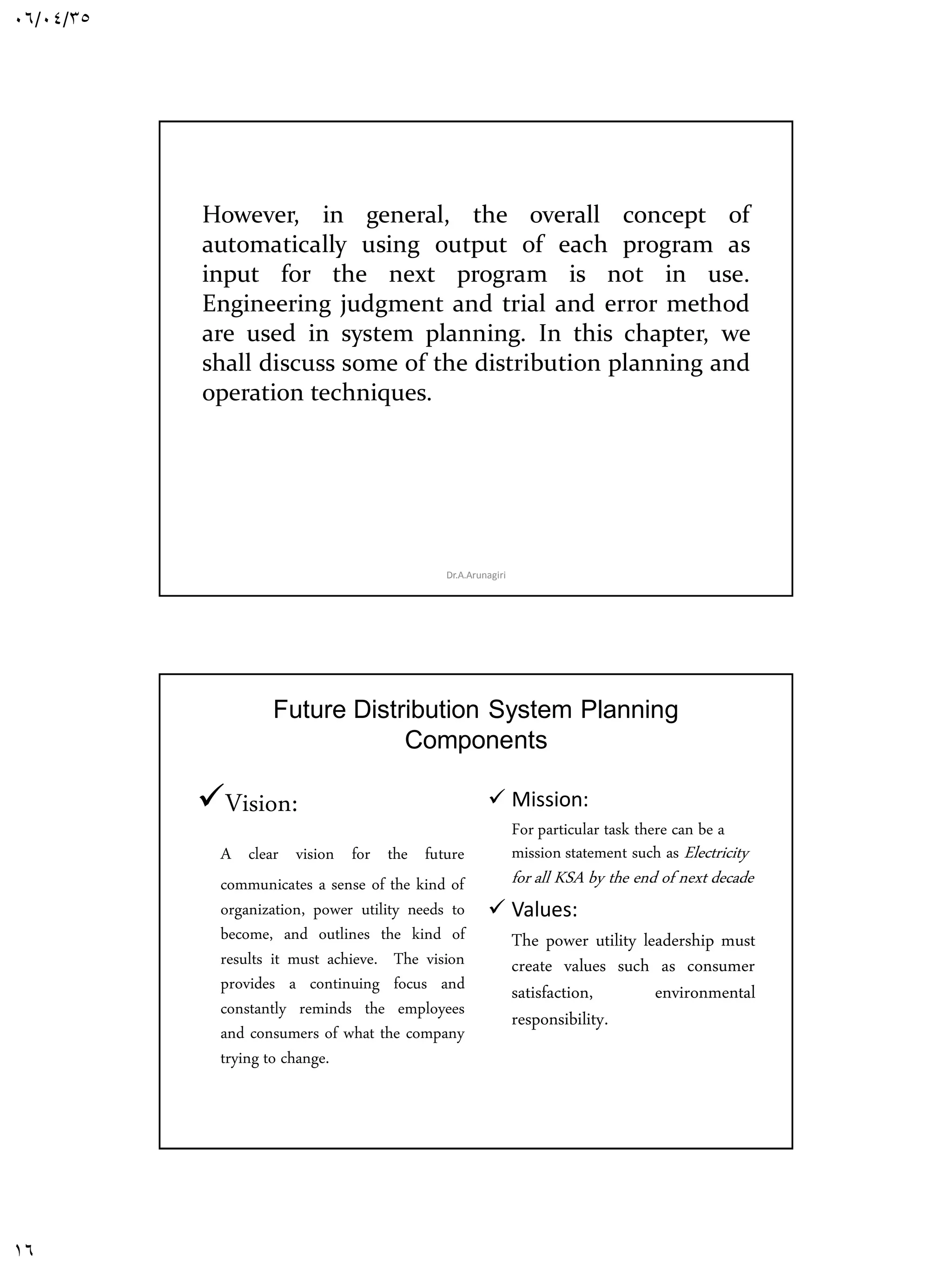 06/04/35
16
However, in general, the overall concept of
automatically using output of each program as
input for the next program is not in use.
Engineering judgment and trial and error method
are used in system planning. In this chapter, we
shall discuss some of the distribution planning and
operation techniques.
Dr.A.Arunagiri
Future Distribution System Planning
Components
Vision:
A clear vision for the future
communicates a sense of the kind of
organization, power utility needs to
become, and outlines the kind of
results it must achieve. The vision
provides a continuing focus and
constantly reminds the employees
and consumers of what the company
trying to change.
 Mission:
For particular task there can be a
mission statement such as Electricity
for all KSA by the end of next decade
 Values:
The power utility leadership must
create values such as consumer
satisfaction, environmental
responsibility.
Dr.A.Arunagiri
 