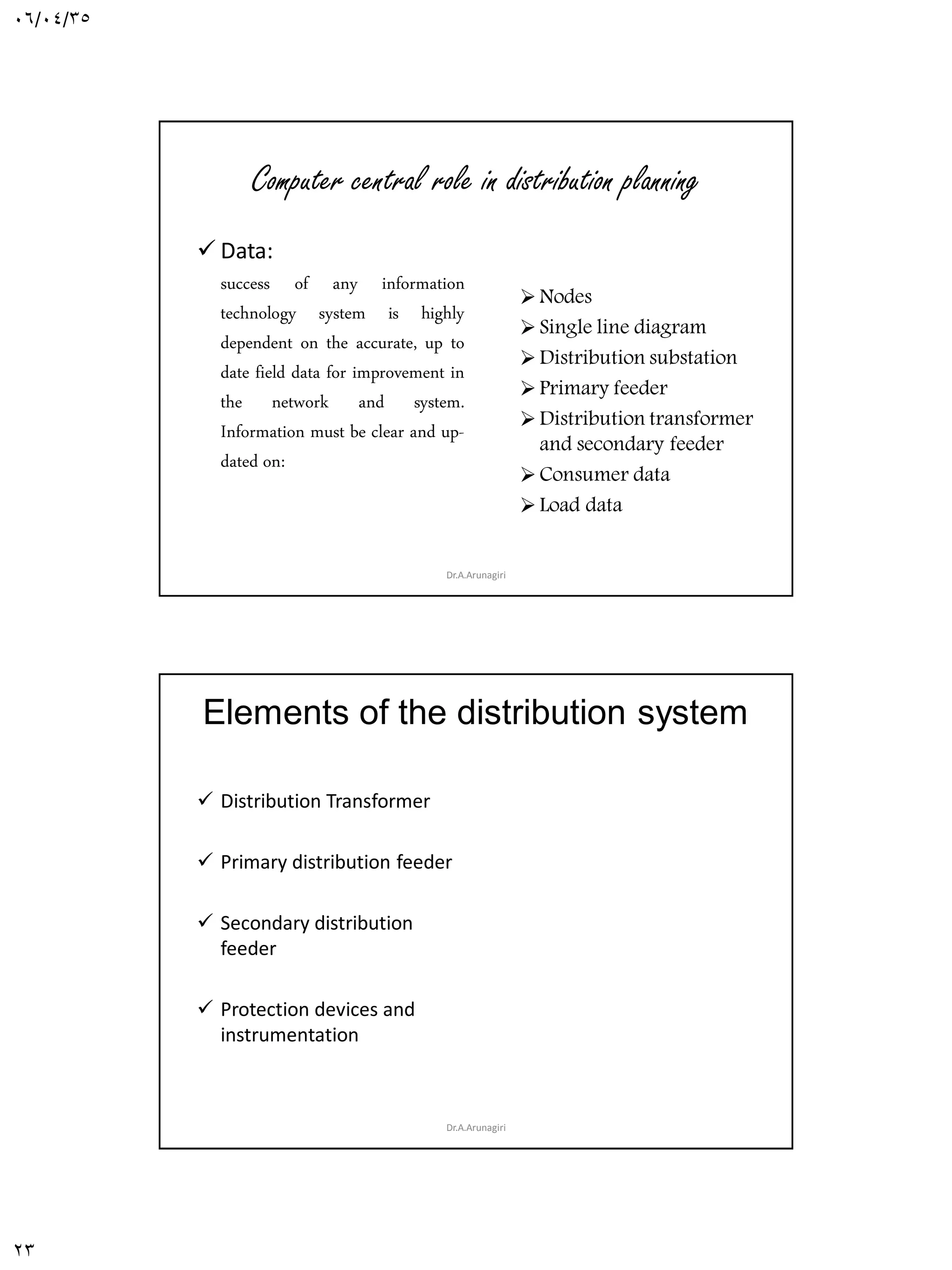 06/04/35
23
Computer central role in distribution planning
 Data:
success of any information
technology system is highly
dependent on the accurate, up to
date field data for improvement in
the network and system.
Information must be clear and up-
dated on:
Nodes
Single line diagram
Distribution substation
Primary feeder
Distribution transformer
and secondary feeder
Consumer data
Load data
Dr.A.Arunagiri
Elements of the distribution system
 Distribution Transformer
 Primary distribution feeder
 Secondary distribution
feeder
 Protection devices and
instrumentation
Dr.A.Arunagiri
 