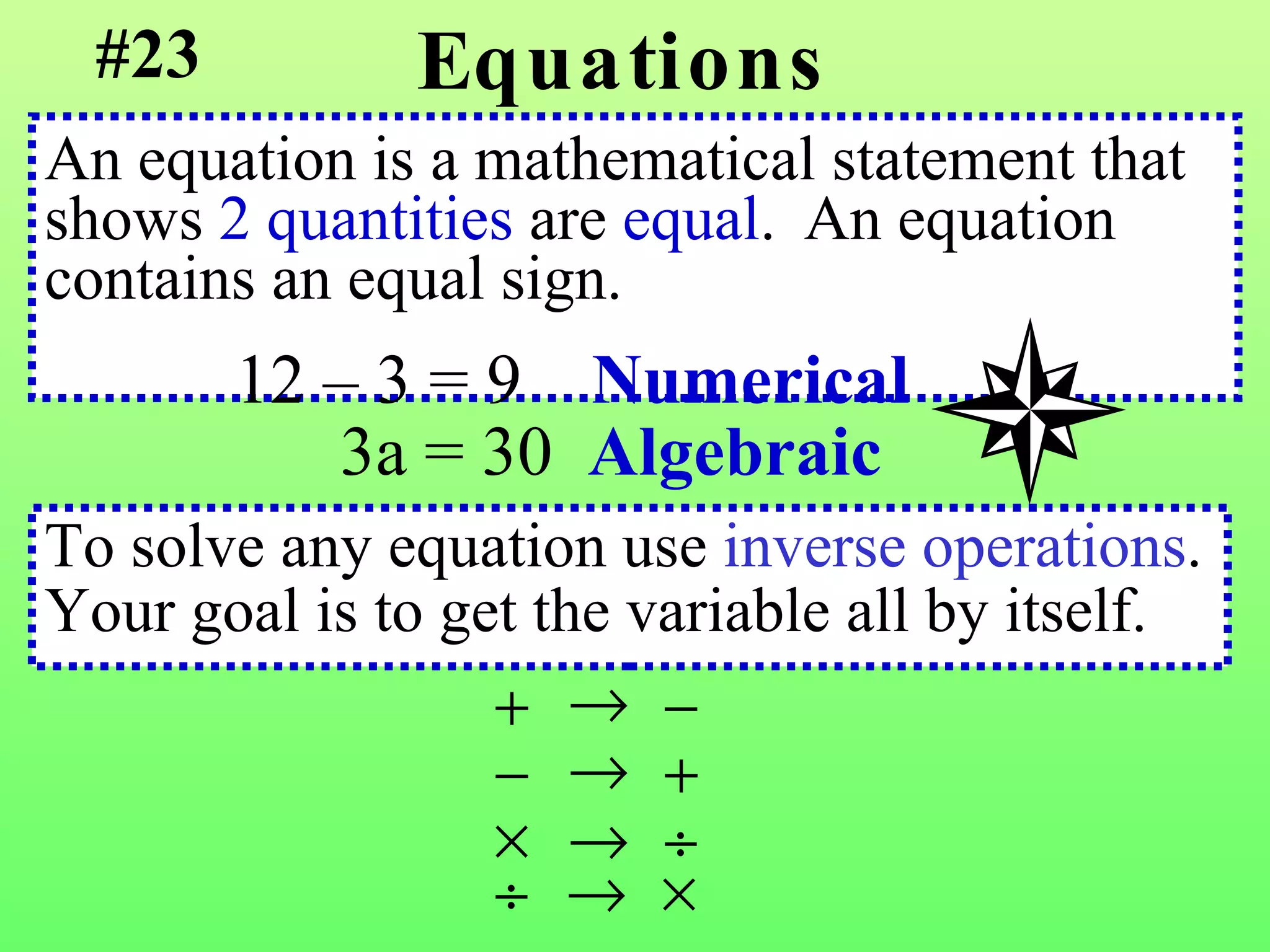 Equations An equation is a mathematical statement that  shows  2 quantities  are  equal .  An equation  contains an equal sign. #23 12 – 3 = 9  Numerical 3a = 30  Algebraic To solve any equation use  inverse operations . Your goal is to get the variable all by itself. 