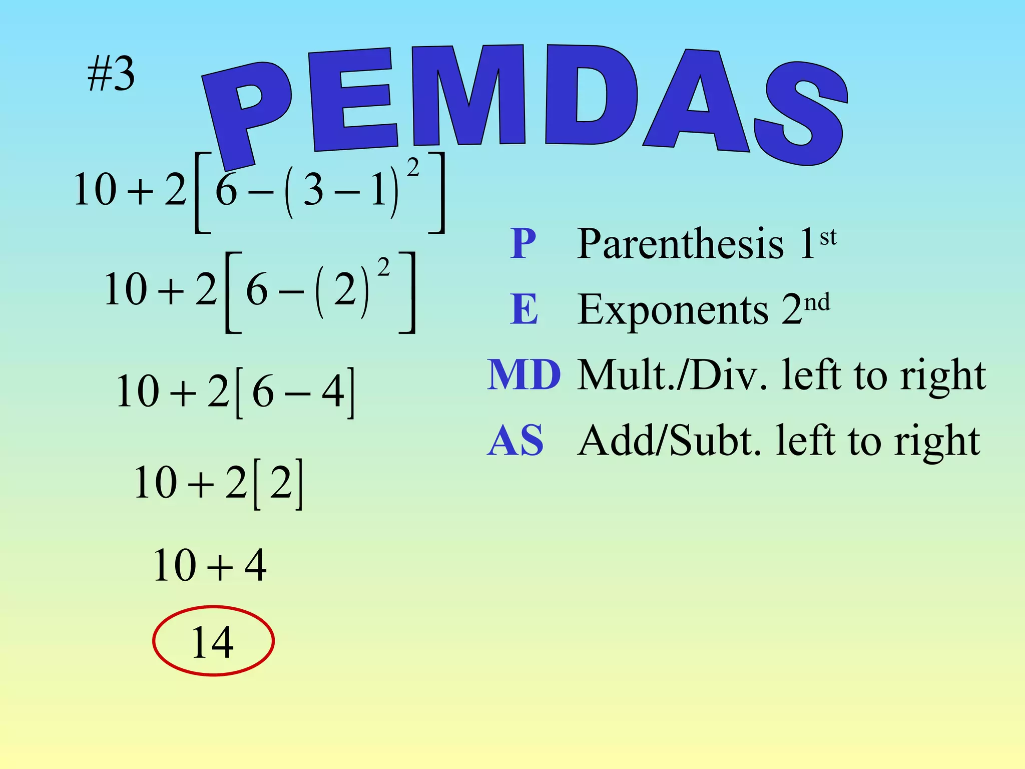 #3 Parenthesis 1 st   Exponents 2 nd   Mult. / Div. left to right Add / Subt. left to right P E MD AS PEMDAS 