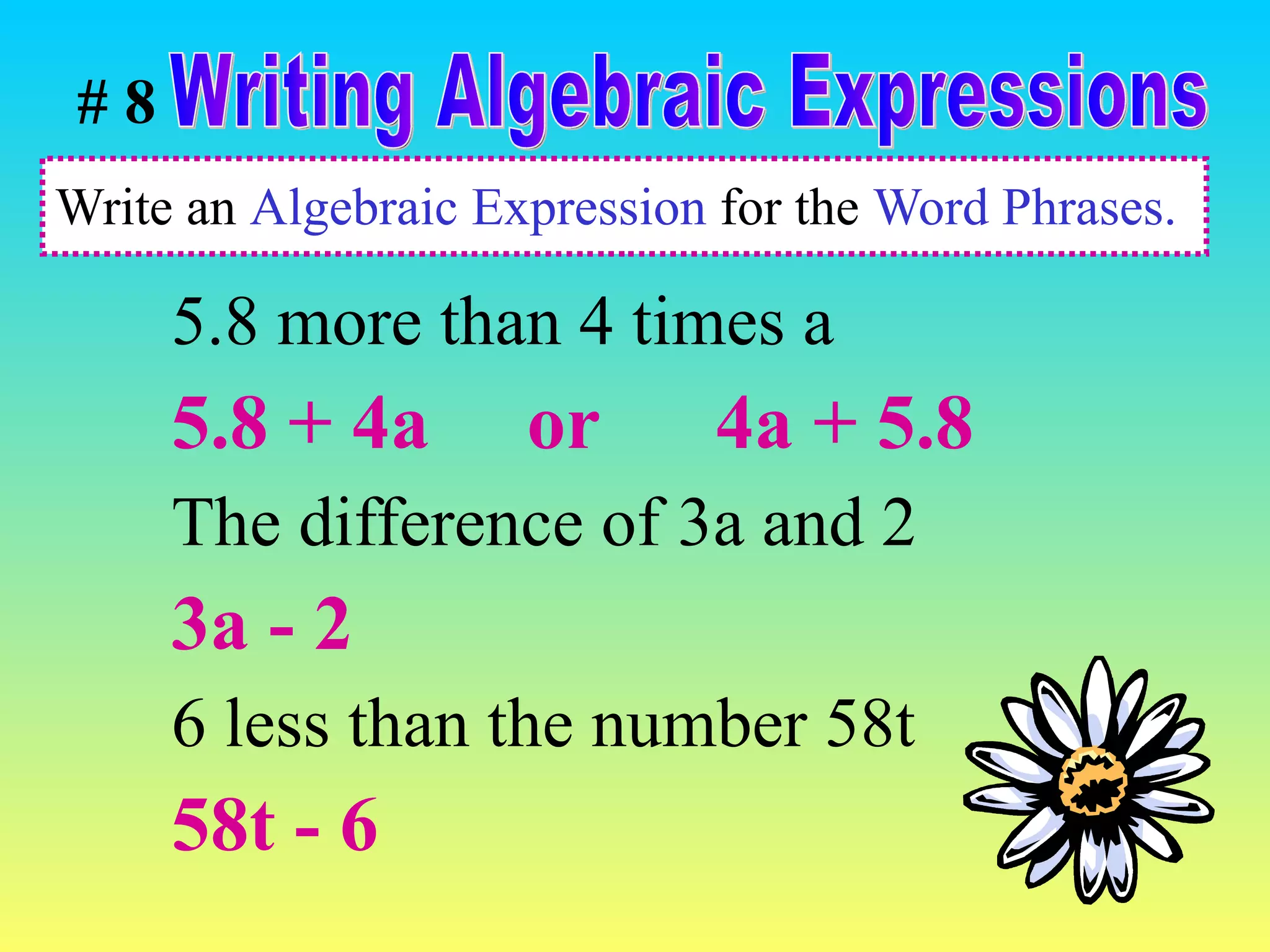 Write an  Algebraic Expression  for the  Word Phrases. 5.8 more than 4 times a  5.8 + 4a  or  4a + 5.8 The difference of 3a and 2 3a - 2 6 less than the number 58t 58t - 6 Writing Algebraic Expressions # 8 