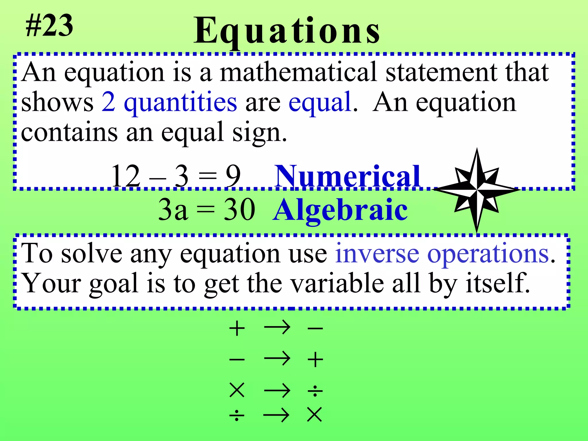 Equations An equation is a mathematical statement that  shows  2 quantities  are  equal .  An equation  contains an equal sign. #23 12 – 3 = 9  Numerical 3a = 30  Algebraic To solve any equation use  inverse operations . Your goal is to get the variable all by itself. 