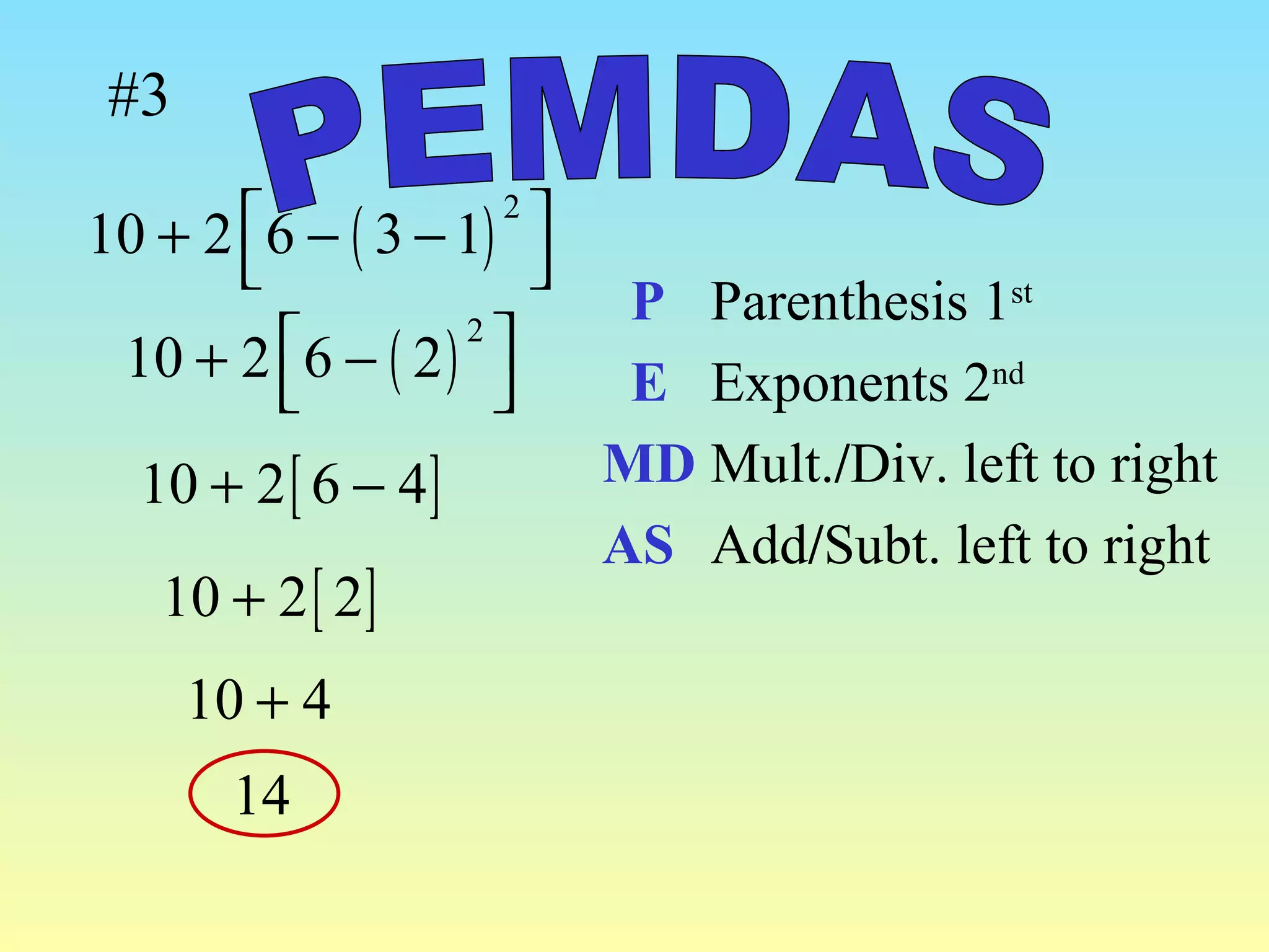 #3 Parenthesis 1 st   Exponents 2 nd   Mult. / Div. left to right Add / Subt. left to right P E MD AS PEMDAS 