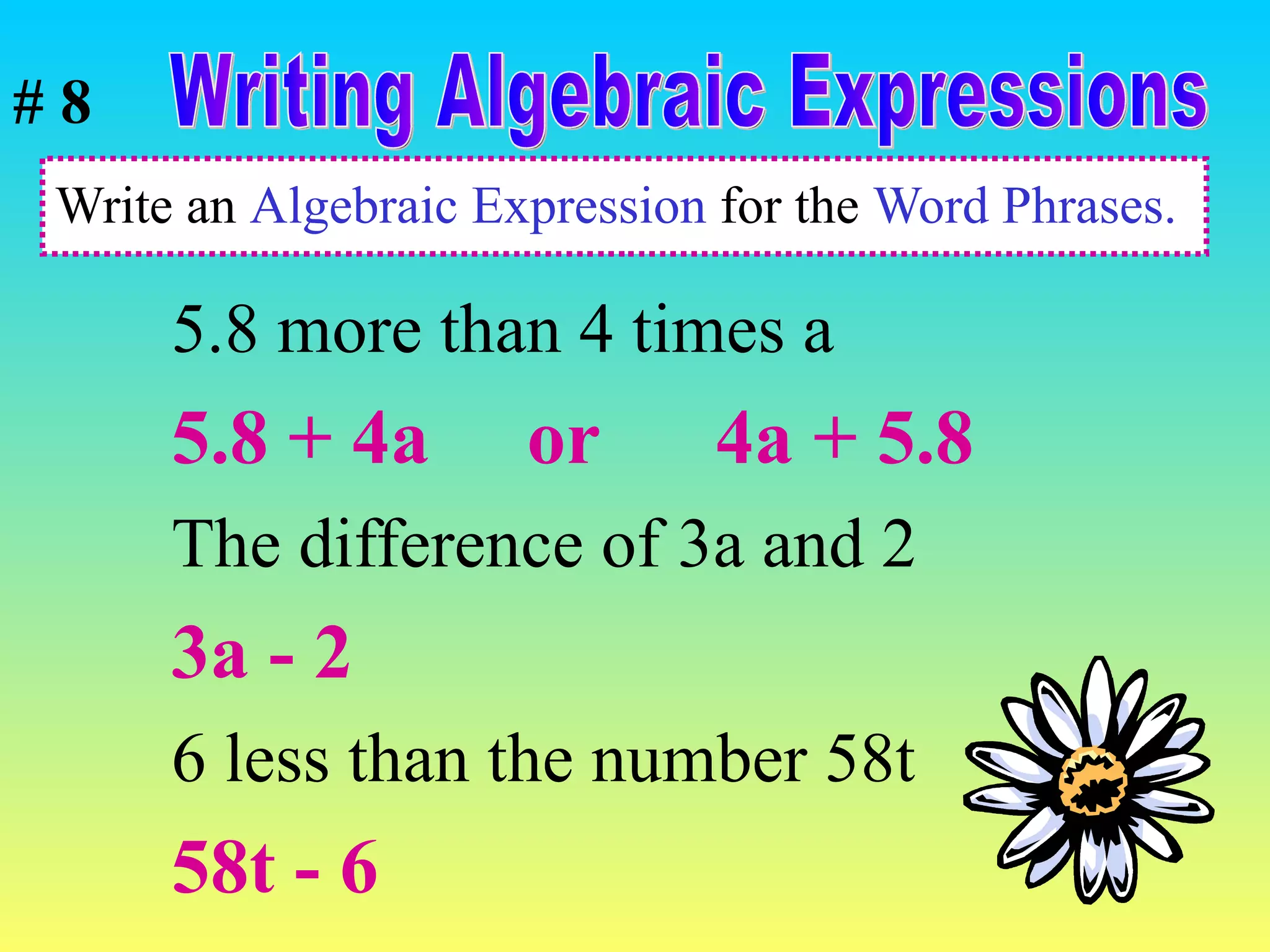 Write an  Algebraic Expression  for the  Word Phrases. 5.8 more than 4 times a  5.8 + 4a  or  4a + 5.8 The difference of 3a and 2 3a - 2 6 less than the number 58t 58t - 6 Writing Algebraic Expressions # 8 