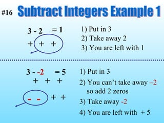 Subtract Integers Example 1 3 - 2 1) Put in 3 2) Take away 2 3) You are left with 1 = 1 3 -  -2 1) Put in 3 2) You can’t take away  –2 so add 2 zeros 3) Take away  -2 4) You are left with  + 5 = 5 +  +   +  +  + -  -   +  +  +  #16 