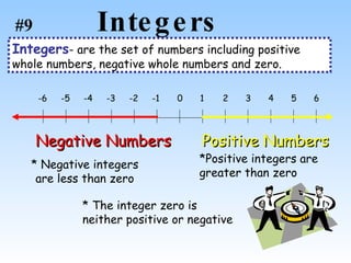 Integers  Integers - are the set of numbers including positive whole numbers, negative whole numbers and zero. Negative Numbers Positive Numbers * Negative integers are less than zero *Positive integers are greater than zero  * The integer zero is  neither positive or negative #9 0 1 2 3 4 5 6 -1 -2 -3 -4 -5 -6 