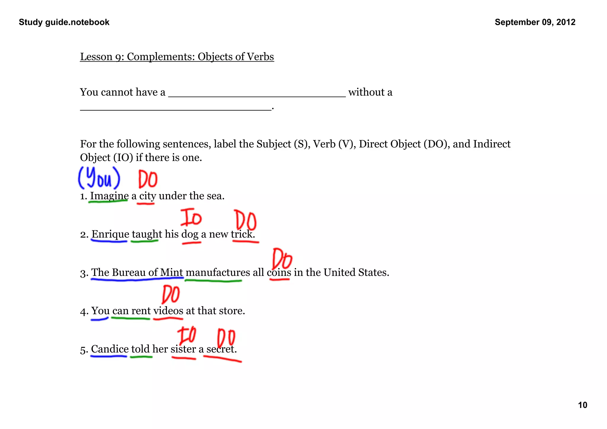 Study guide.notebook                                                                                   September 09, 2012



             Lesson 9: Complements: Objects of Verbs


             You cannot have a __________________________ without a 
             ____________________________. 


             For the following sentences, label the Subject (S), Verb (V), Direct Object (DO), and Indirect 
             Object (IO) if there is one. 


             1. Imagine a city under the sea. 


             2. Enrique taught his dog a new trick. 


             3. The Bureau of Mint manufactures all coins in the United States. 


             4. You can rent videos at that store. 


             5. Candice told her sister a secret. 




                                                                                                                            10
 