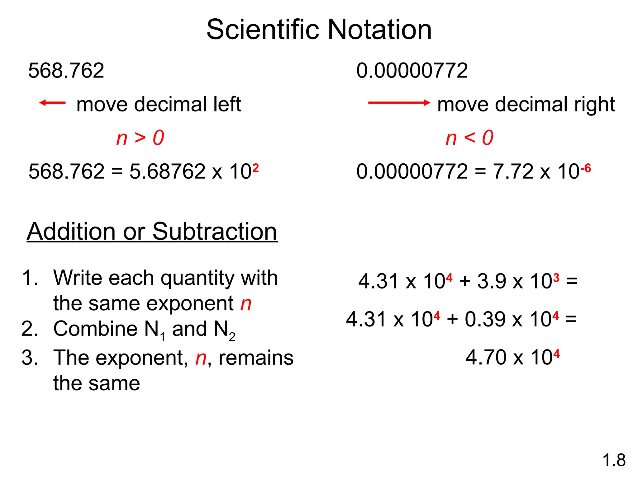 Scientific Notation
1.8
568.762
n > 0
568.762 = 5.68762 x 102
move decimal left
0.00000772
n < 0
0.00000772 = 7.72 x 10-6
move decimal right
Addition or Subtraction
1. Write each quantity with
the same exponent n
2. Combine N1 and N2
3. The exponent, n, remains
the same
4.31 x 104
+ 3.9 x 103
=
4.31 x 104
+ 0.39 x 104
=
4.70 x 104
 